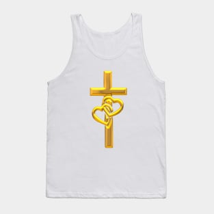 Golden 3-D look Cross with 2 Hearts Tank Top